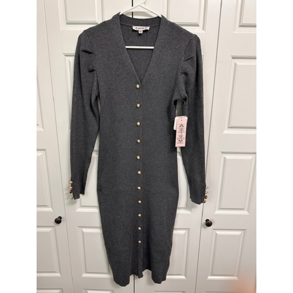 NWT Nanette Lepore Grey Ribbed Knit Pearl Button Midi Dress Long Size Medium